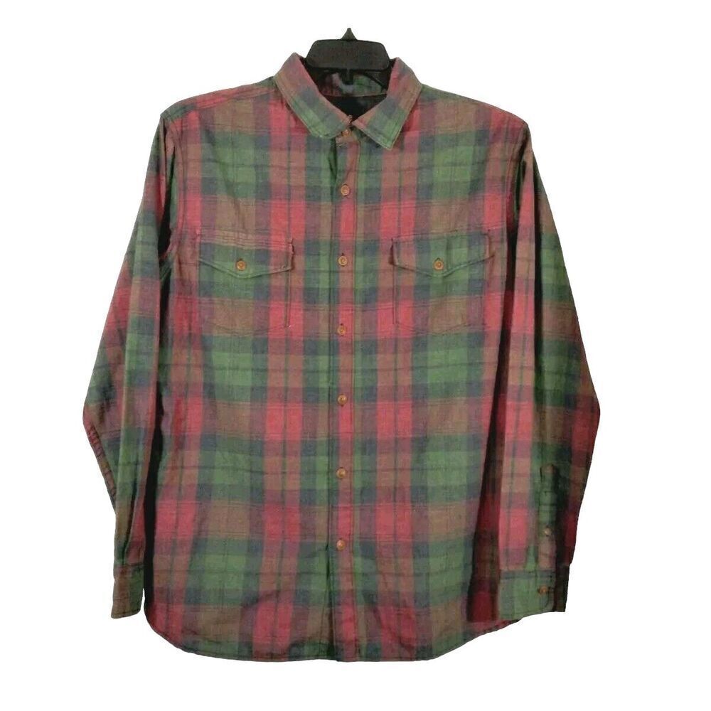 Lee Mens Large Button Up Shirt Pockets Red Green Plaid Flap Pockets